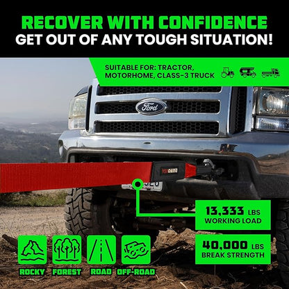 Rhino USA Recovery Tow Strap (4" x 30') - 40,320lb Break Strength - Emergency Recovery Strap Tow Rope for Diesel Trucks, Backhoe, Excavators & More - Heavy Duty Towing Strap for Offroad 4x4 Use (Red)