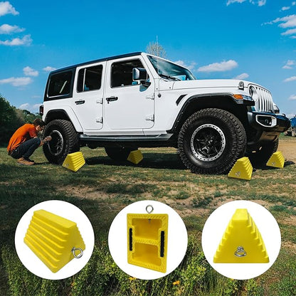 Premium 4 pcs Heavy Duty Wheel Tire Chocks, Vehicle Chocks with Eyebolt for Travel Trailers, Camper, Truck, Car and ATV 4 Pack, Yellow