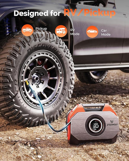 ETENWOLF VORTEX S6 Tire Inflator Portable Air Compressor for Heavy-duty Vehicles, Cordless Air Pump for Car & Inflatables with 19200 mAh Battery, 100% Duty Cycle & Dual Cylinder Bike Pump, Dark Cyan