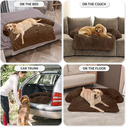 GGIB Calming Dog Bed Fluffy Plush Dog Mat for Furniture Protector with Removable Washable Cover for Large Medium Small Dogs and Cats (Extra Large (53x39.3x6), Coffee)