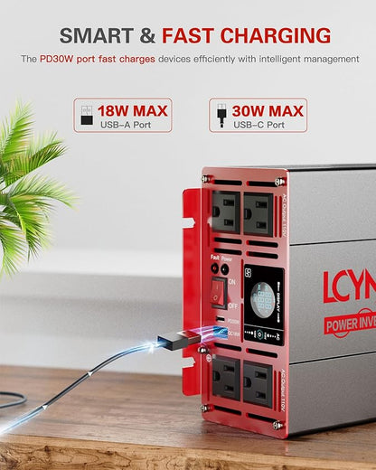3000 Watts Pure Sine Wave Power Inverter 24V DC to 110V 120V AC Converter for Home RV Off Grid Truck Solar System Inverters with Type-C PD30W USB QC3.0 Port 4 AC Outlets LCD Display and Remote Control