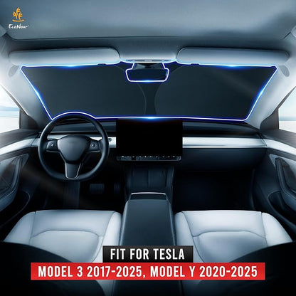 EcoNour Windshield Sun Shade for Tesla Model 3/Y Cars | (2016–2025) Foldable Sun Shield | Tesla Accessories – Upgraded Windshield Fits for Both Tesla Model Y Sunshade and Tesla Model 3 Sunshade