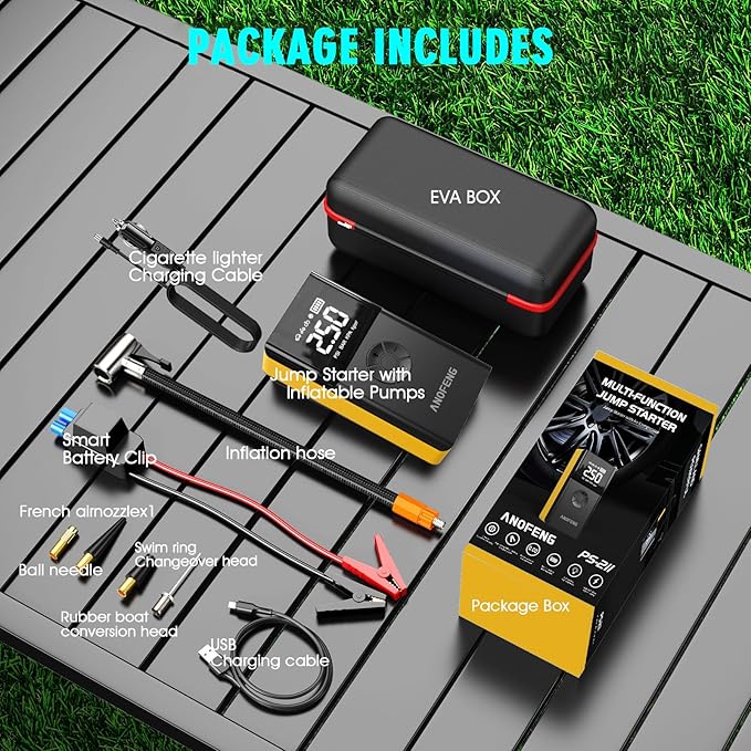 Portable 3000A Jump Starter with Air Compressor,150 PSI Air Pump 12V Jump Box for Car Battery Jump Starter (10L Gas/8L Diesel) with Jumper Cable,3 Modes Flashlight,LCD Display