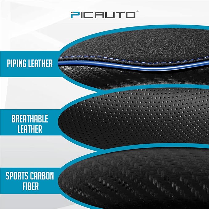 PIC AUTO Steering Wheel Cover, Blue Piping Leather, Sports Carbon Fiber and Super Breathable Leather, Universal 14.5-15.5 Inch Anti-Slip Steering Wheels Accessories for Men & Women