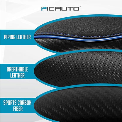 PIC AUTO Steering Wheel Cover, Blue Piping Leather, Sports Carbon Fiber and Super Breathable Leather, Universal 14.5-15.5 Inch Anti-Slip Steering Wheels Accessories for Men & Women