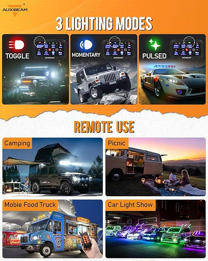 Auxbeam RC800 8 Gang Switch Panel RA84 RGB Wireless Remote Control Up to 165FT Range Automotive Switch Pod Featuring 3 Lighting Modes Backlit Off Waterproof for Car Boat Truck RV 2-Year Warranty