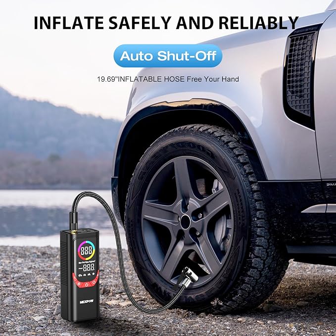 NEXPOW NP17 Portable Air Compressor, 150 PSI Digital Tire Inflator, Fast Inflation with Auto Shut-Off, LED Light, Multiple Nozzles for Car, Bike, and Ball, Compact Design, Red
