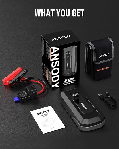 3000A Peak Car Jump Starter(Up to 10L Gas or 8L Diesel Engine), Battery Booster with Jump Leads, Built-in LED Floodlight & SOS, -20℃ Cold Cranking, Jump Box for 12V Pickup SUV Motorcycle