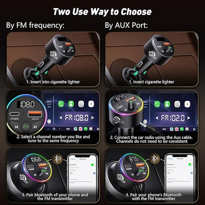 FM Transmitter Bluetooth 5.3, 54W Fast USB Car Charger [PD 36W& QC3.0 18W] Cigarette Lighter Wireless Radio Adapter Supports Hands-Free Call, Aux 3.5mm, 9 Colors LED Backlit