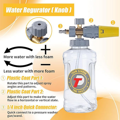 Tool Daily Foam Cannon for Pressure Washer with Dual Connector Accessory, Adjustable Soap Cannon with M22-14 and 1/4” Quick Connect Fittings, Additional Orifice Nozzle 1.1mm, 1.5 Liter