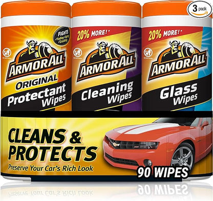 Armor All Protectant, Glass and Cleaning Wipes, Wipes for Car Interior and Car Exterior, 30 Count Each (Pack of 3)