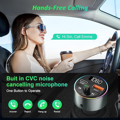 FM Transmitter Bluetooth 5.3 - SOARUN Fast Car Charger Adapter 54W [PD 36W & QC3.0 18W], Support Wireless Radio, Aux 3.5mm, Hands-Free Calling with 9 Colors LED Backlit