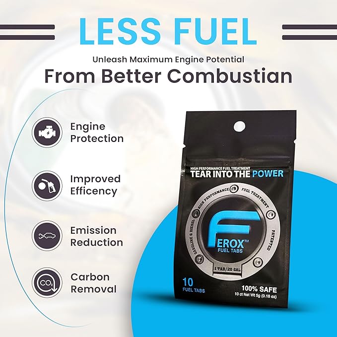 Ferox Fuel Additives | 10 Tabs for Car | Fuel System Cleaner for Gasoline & Diesel Engines | Eco-Friendly Fuel Injector Cleaner & Fuel Stabilizer to Boost Power | 1 Tab Treats 20 Gallons / 80 liters