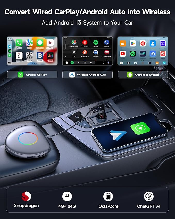 Wireless CarPlay Adapter Android 13 AI Box, Upgraded CB6C Video Streaming Plug & Play Carplay Box for iPhone & Android Auto with ChatGPT, Supports YouTube, Netfilx, TikTok, 4G LTE, 4G+64G