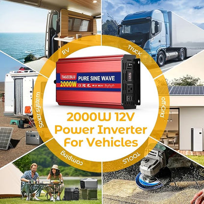 2000W Pure Sine Wave Inverter, 12V DC to 110V/120V AC Power Inverter for RV、Microwave、Off Grid、Truck、Refrigerator、with 2 AC outlets and LCD Display