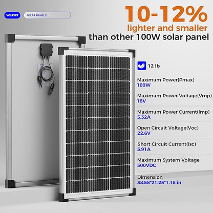 200W 12V Solar Panels, High Efficiency 9BB Cell Monocrystalline Solar Panel IP67 Waterproof, Suitable for RV, Marine, Rooftop, Home, Yacht, Off-Grid Applications (2-Pack 100W)