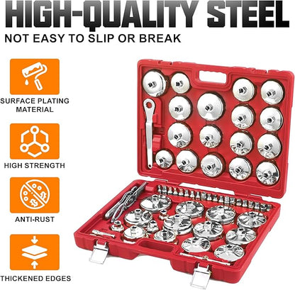 Auto Oil Filter Socket Wrench Set, Cup Type 1/2 inch Drive Cap Removal Tool, with Drain Plug Socket Set/Adjustable/Drive, Compatible, all Models Car, SUV, Oil Filter (58, RED)
