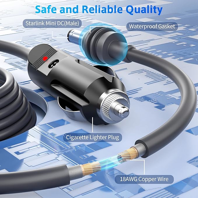 Starlink Mini Cable 12V 24V Car Adapter 10FT/3M Cigarette Lighter to DC Cord Replacement DC Power Cable 18AWG for Starlink Charging Cord Waterproof
