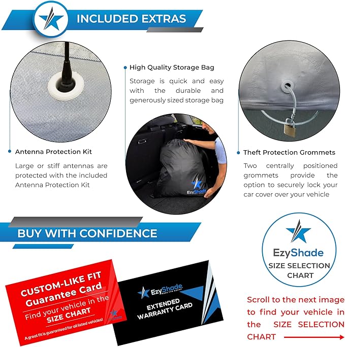 EzyShade 10-Layer Waterproof Sports Car Cover. See Vehicle Size-Chart for Accurate Fit. All Weather Outdoor Covers. Thunderbird Impala Grand Fury Classic Cars. Sun Snow Rain. Size C7 (See SizeChart)