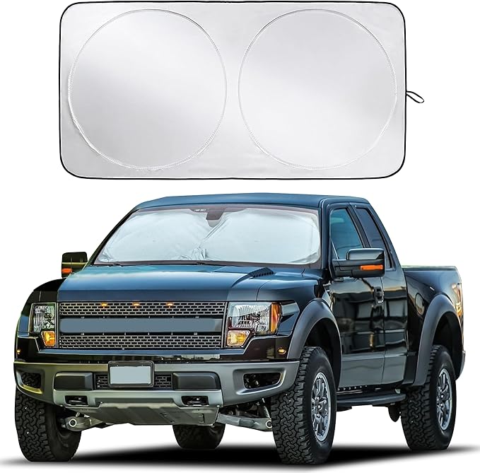 EcoNour Truck Windshield Sun Shade with Storage Pouch | Reflective 240T Material Sun Shield for UV & Heat Protection | Foldable Windshield Cover | Must-Have Truck Accessories | X-Large (69"x35")