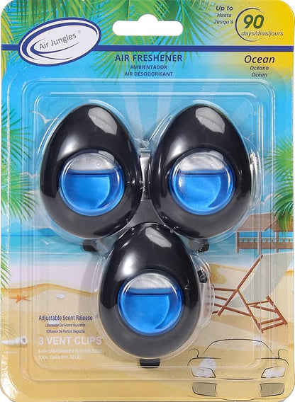 Air Jungles Car Air Freshener Vent Clip 3 Count, Ocean Scent, 4 ml Each, Long-Lasting Car Odor Eliminator, Easy Clip-On Design, Up to 90 Days Freshness for Cars, Trucks, and SUVs