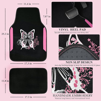 CAR PASS Pink Leather & Gaberdine Butterfly Car Seat Covers Full Set with Waterproof Car Floor Mats and Embroidered Butterflies Steering Wheel Cover for Interior Sets ((Black & Pink)