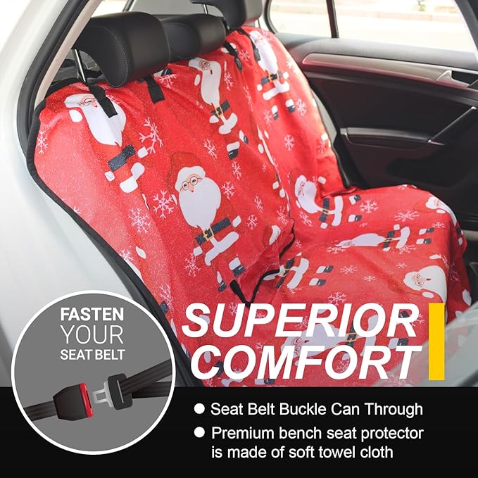Back Seat Cover for Car Trucks Van SUV,Waterproof Rear Bench Towel Seat Covers for Dogs and Kids,Automotive Backseat Protector (Santa Claus)