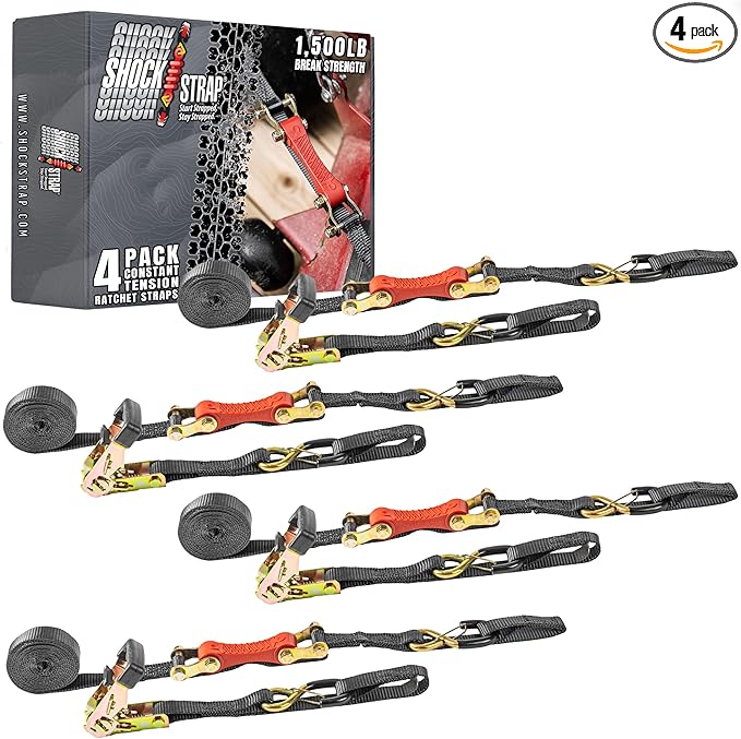 Ratchet Strap, 10' x 1" Shock Absorbing Heavy Duty Tie Downs for Cargo, 500 LB WLL / 1,500 LB Break Strength, 4-Pack