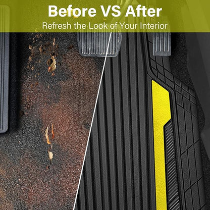 CAR PASS Yellow Car Mats Metallic, Aluminum Film All Weather Rubber Lemon Yellow car Floor Mats Waterproof Universal Trim to Fit SUV Sedan Van Truck 4 Piece Deep Dish Heavy Sporty Black Yellow Chrome