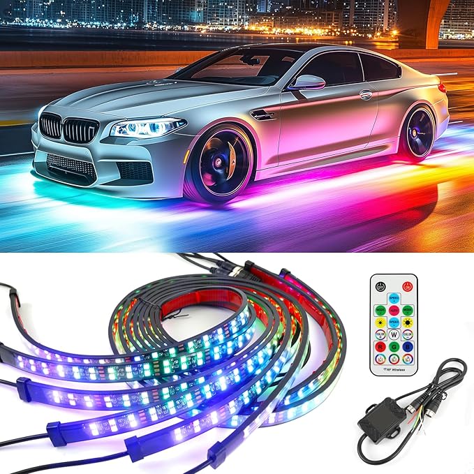 JMTBNO Car Underglow Neon Accent Strip Lights,6pcs Double Row Underglow Exterior Car Lights with APP Control Underbody Compatible with Chevy Silverado 1500 Ford F-150 F-250 F-350