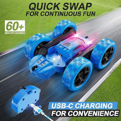 Remote Control Car, RC Cars Toys for Kids Ages 6-12, 4WD Stunt Car with LED Lights & 360° Flips, 2.4GHz, Upgraded USB-C Modular Batteries, 8-10 Year Old Boys Birthday Gift 1-Blue