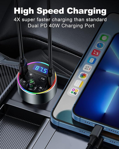 Dual PD 40W Type-C USB Car Charger Bluetooth Car Adapter Bluetooth 5.3 FM Transmitter for Car with Microphone & HiFi Sound MP3 Music Player Radio Audio Receiver Support Hands-Free Calling