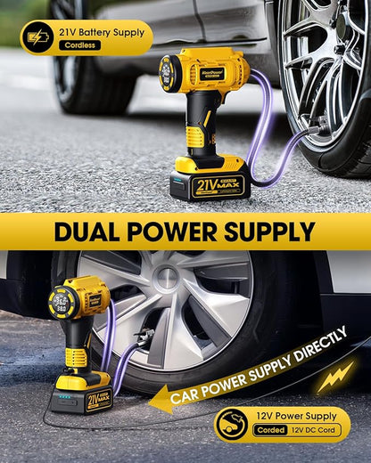 Cordless Tire Inflator Portable Air Compressor, 160PSI Car Tire Air Pump, 21V Rechargeable Battery Powered Air Compressor, Dual Power, Larger HD Digital Gauge w/4+N Smart Modes (Yellow)