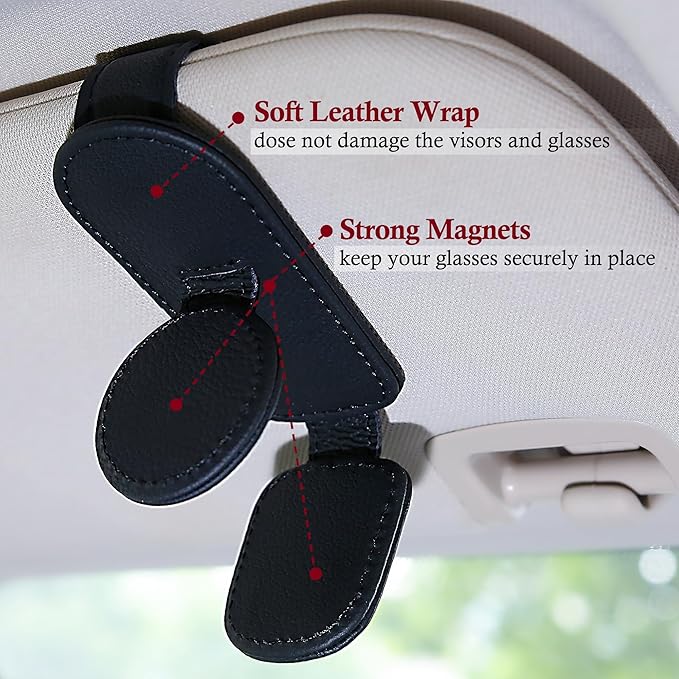 KIWEN Sunglasses Holder for Car Visor, Magnetic Leather Sunglass Eyeglass Hanger Clip for Car Sun Visor Accessories (1, Black)