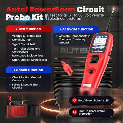 Autel PowerScan Automotive Circuit Tester, Power Circuit Probe Tool, 12-24V Electrical Short Open Breaker Circuit Finder, AC/DC Current Resistance, Duty Cycle, & 20FT Extension Cord, for 99% Cars