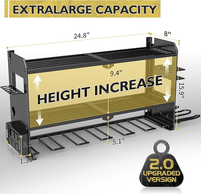 Power Tool Organizer Wall Mount with Charging Station, Cordless Drill and Battery Holder Shelf for Garage Organization,Heavy Duty Metal Tool Rack Storage, Load 300lbs, Built in 5 Outlet Power Strip