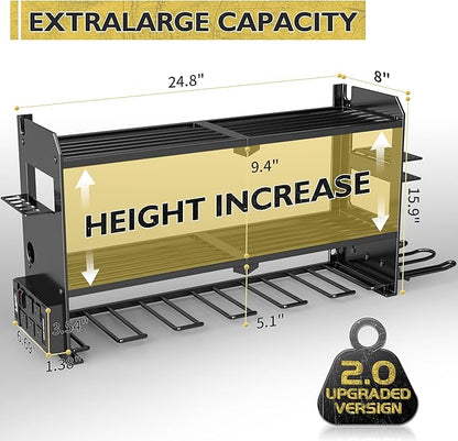 Power Tool Organizer Wall Mount with Charging Station, Cordless Drill and Battery Holder Shelf for Garage Organization,Heavy Duty Metal Tool Rack Storage, Load 300lbs, Built in 5 Outlet Power Strip