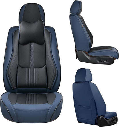 Front Seat Covers, 2 Pieces Universal Seat Covers for Cars, Waterproof Leather Auto Seat Protectors with Head Pillow, Car Seat Cushions Fit for Most Sedans SUV Pick-up Truck, Black&Navy