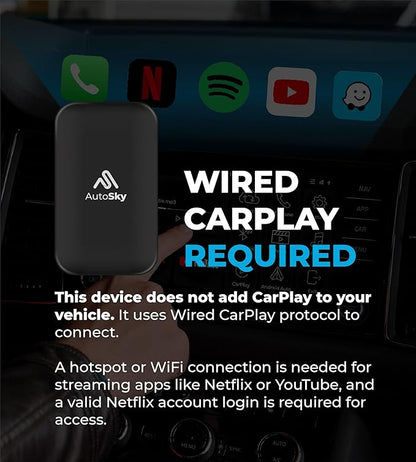 AutoSky Ai Box Lite Air - Streaming on the Go, Netflix and Youtube in your car. Convert Your Wired CarPlay into Wireless CarPlay or Android Auto. HotSpot Required for Streaming. Wired CarPlay Required