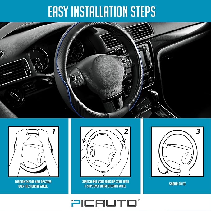 PIC AUTO Steering Wheel Cover, Blue Piping Leather, Sports Carbon Fiber and Super Breathable Leather, Universal 14.5-15.5 Inch Anti-Slip Steering Wheels Accessories for Men & Women