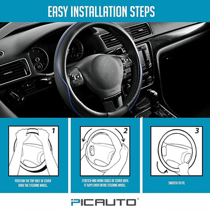 PIC AUTO Steering Wheel Cover, Blue Piping Leather, Sports Carbon Fiber and Super Breathable Leather, Universal 14.5-15.5 Inch Anti-Slip Steering Wheels Accessories for Men & Women