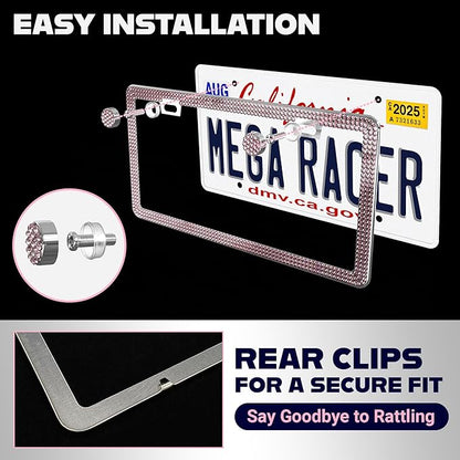 Glamorous Bling License Plate Frame for Women - 1 Pack, 800 Premium Pink Rhinestones, Rust-Free Stainless Steel, Street Legal Slim Design, Sparkly Diamond Car Tag Holder with Glitter Crystal Covers