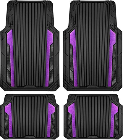 CAR PASS Heavy Duty Rubber Car Mats Metallic,Aluminum Film All Weather Floor Mats Waterproof Universal Trim to Fit SUVs Sedans Vans 4 Piece Anodized Deep Dish Two-Tone Sporty Black Purple Chrome