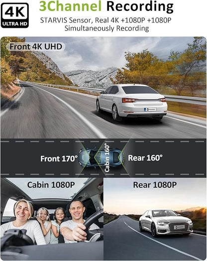 4K 3 Channel Dash Cam Front Rear Inside，STARVIS Sensor, 5GHz WiFi,64GB Card Included, 2160P+1080P+1080P Car Dash Camera, 3.16" IPS Screen, IR Night Vision,HDR, G-Sensor, 24/7 Parking Mode