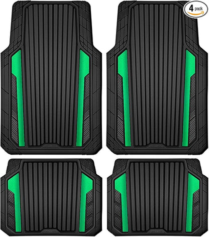 CAR PASS Heavy Duty Rubber Car Mats Metallic,Aluminum Film All Weather Floor Mats Waterproof Universal Trim to Fit SUVs Sedans Vans 4 Piece Anodized Deep Dish Two-Tone Sporty Black Green Chrome