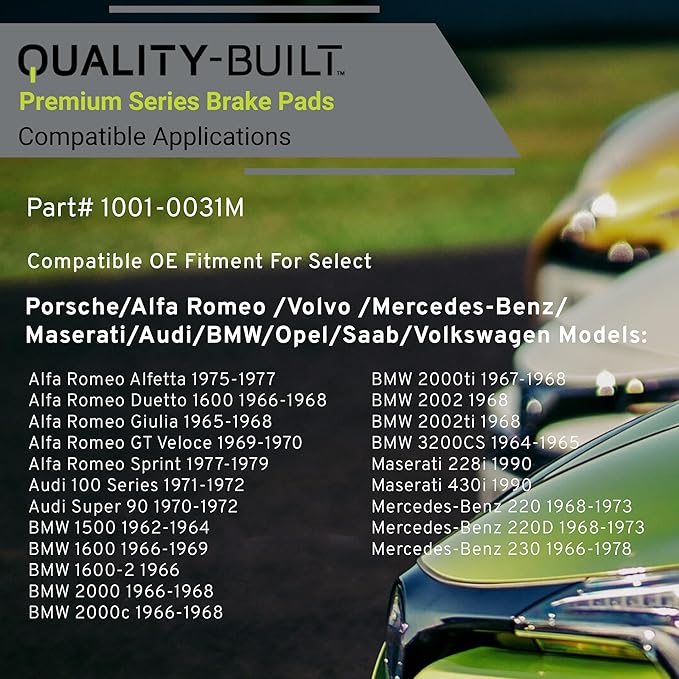 Premium Semi-Metallic Front Brake Pads (1001-0031M) Compatible with 1955-2004 Alfa Romeo/Audi/BMW/Maserati/Mercedes-Benz/Porsche/Volkswagen (280SE/280SEL/280SL/300CD/300D & More)