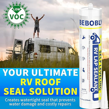 RV Roof Sealant, Self Leveling Lap Sealant White, RV Caulking Sealant Waterproof, Flexible & Non-Cracking, RV Lap Sealant for Camper, Trailer & Motorhome Roof Repair, Secure Odorless (4 Pack)