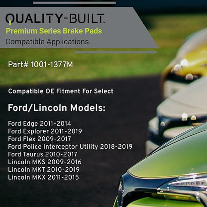 Premium Semi-Metallic Rear Brake Pads (1001-1377M) Compatible with 2009-2019 Ford/Lincoln (Edge/Explorer/Flex/MKS/MKT/MKX/Police Interceptor Utility/Taurus)