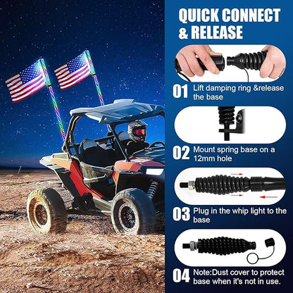 2PCS 3FT RGB LED Whip Light with Spring Base Remote App Control w/DIY Chasing Patterns Turn Signal & Brake Lights for ATV, UTV, Polaris, RZR, Can-am