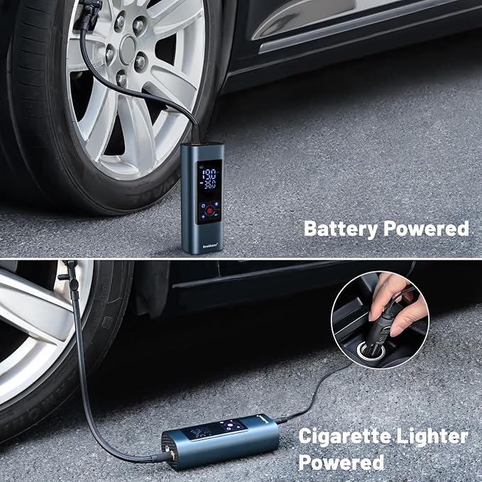 Tire Inflator Portable Air Compressor: Cordless Air Pump for Car Tires 150PSI - Tire Pump with Pressure Gauge for Car Bike Motorcycle Balls (Grey Blue)